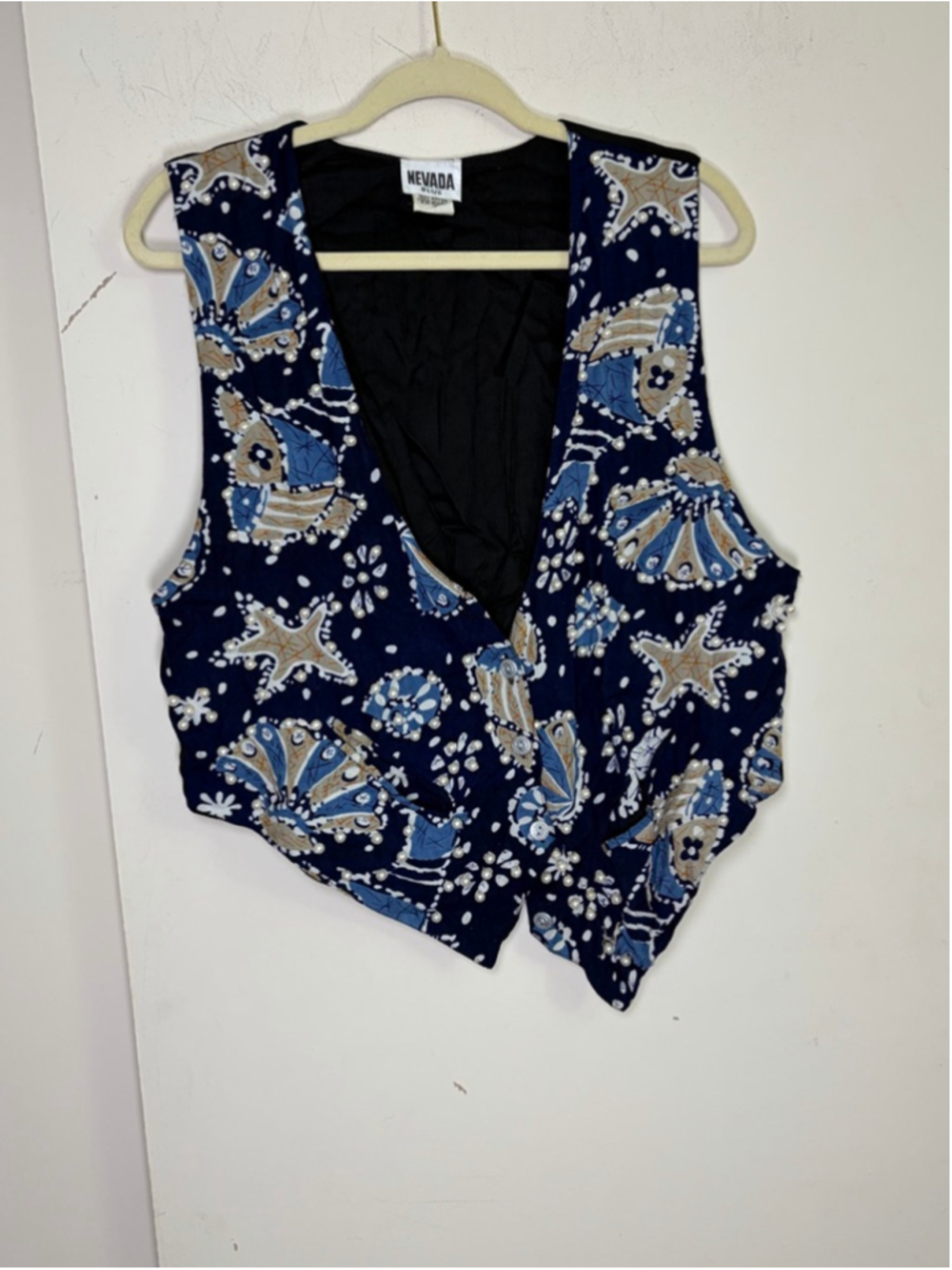 Vintage Nevada Blues Ocean Coastal Starfish Pearl Beaded Crop Vest Size L